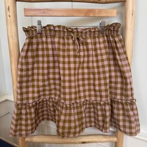 Madewell Pink Olive Green Gingham Cotton Paperbag Waist Mini Skirt Small